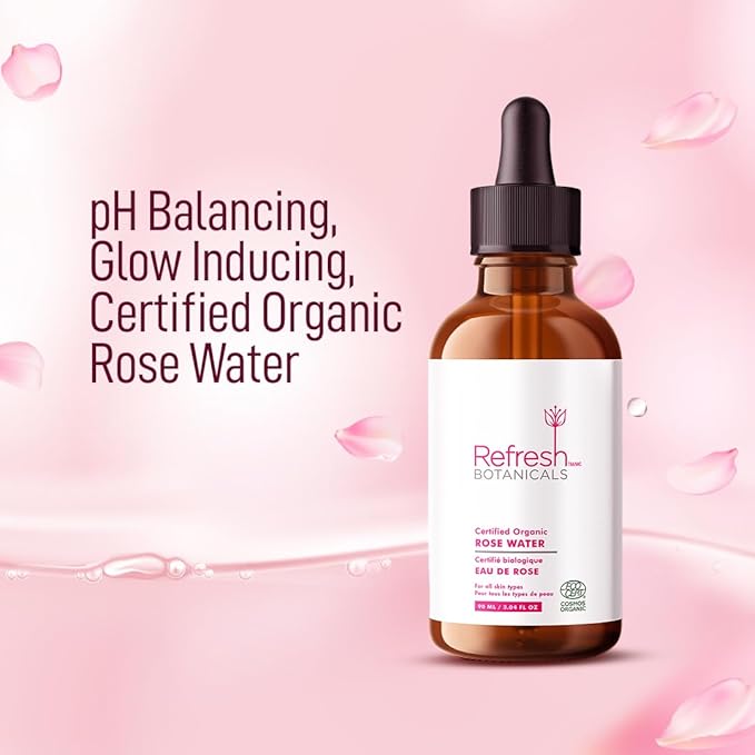 Organic Rose Water by Refresh Botanicals | ECOCERT Cosmos Certified | for All Skin Types | Rose Water for Face | Alcohol-Free, Chemicals Free | Product of Canada | 90 ml