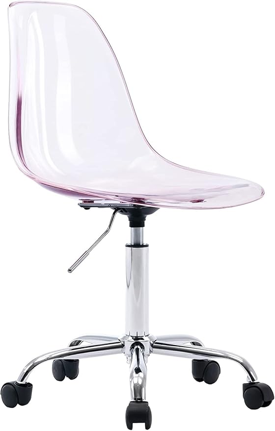 HOMEFUN Clear Desk Chair, Acrylic Rolling Armless Vanity Swivel Height Adjustable Ghost Molded Plastic Home Office Chairs with Wheels, Pink