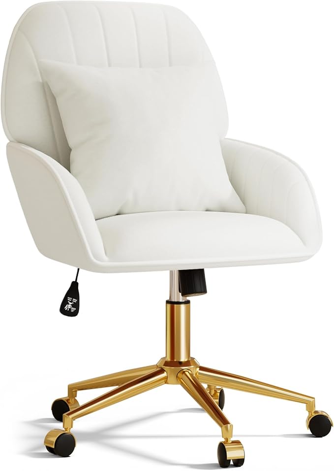 Home Office Desk Chair Comfy with Adjustable Swivel Wheels, Modern Velvet Makeup Vanity Chair with Back & Pillow, Ergonomic Office Chair Computer Task Chair for Living Room, Bedroom, White