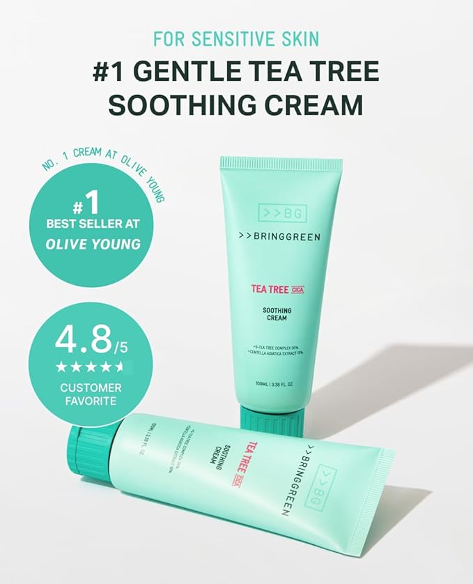 BRING GREEN Tea Tree Cica Soothing Cream Plus 100ml Korean Skin care (Pack of 2)