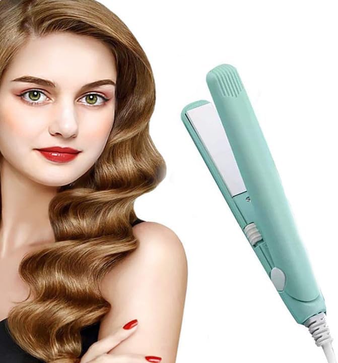 Mini Hair Straightener, 2 in 1 Mini Curling Iron Portable Travel Hair Straightener Heating Curler Hair Styling Tool for Short Hair，Home or Salon (Green)