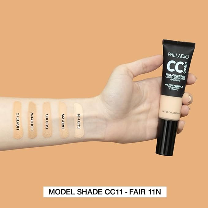 Palladio Full-Coverage Color Correction CC Cream, Oil-Free with Peptides & Vitamin C, Best for Correcting Redness and Uneven Skin Tone, Buildable Foundation Coverage (Fair 12W)