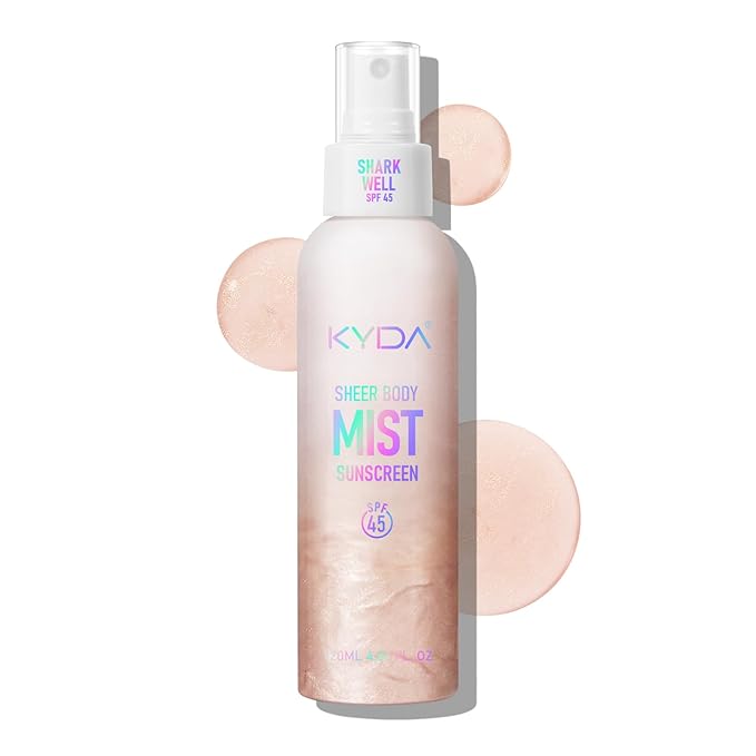 Sheer Body Sunscreen Mist, SPF 45 Ultra-fine Glowing Spray, Lightweight Hydrating Non-Greasy Quick Drying, Infused with Shimmering Radiant Glow Sunscreen Body Oil Mist-Rose,4.06 fl oz