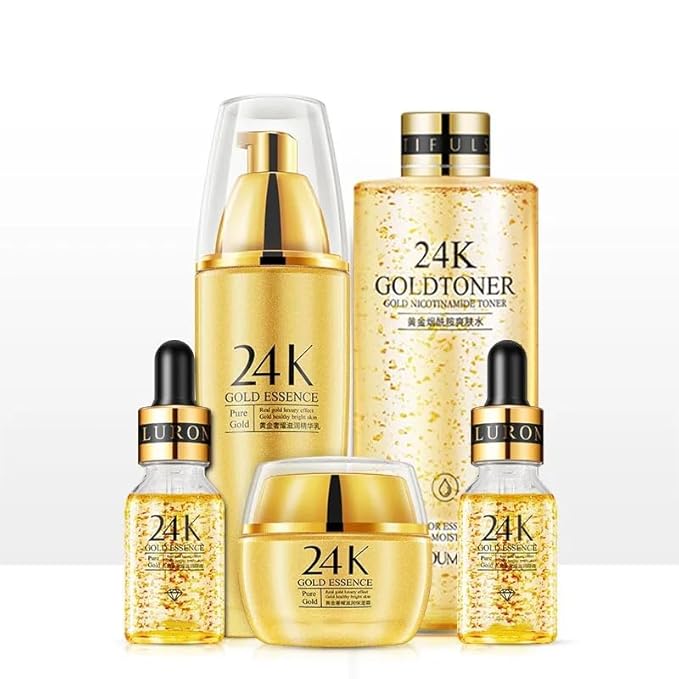 Luxé 24K Gold 5-Piece Skincare Set – Organic Collection with Gold Toner, Essence Milk Serum, Hyaluronic Acid, Collagen, Retinol, Kojic Acid & Vitamin C – Radiance & Luminous Glow for All Skin Types