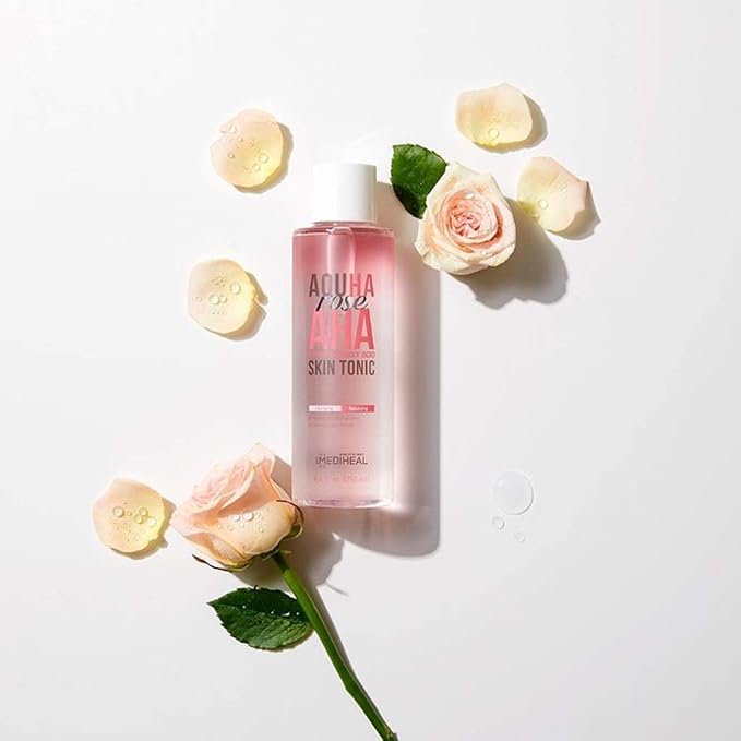 MEDIHEAL AQUHA Rose AHA Skin Tonic 250ml (8.4 fl.oz) - Exfoliating AHA Skin Boosting Toner Essence with Rose Oil, Moisturizing & Cleansing