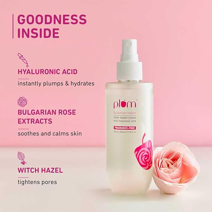 Plum Bulgarian Valley Rose Water Toner |with Hyaluronic Acid & Rose Extracts|100% Natural Rose Fragrance|Soothing and Pore Tightening | Balances Ph Levels (200 Ml (Pack of 1) Colourless)