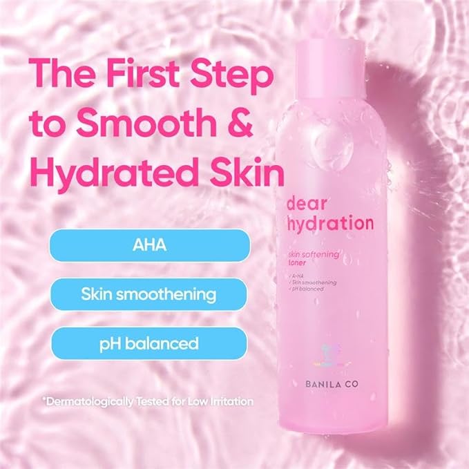 BANILA CO Dear Hydration Skin Softening Toner | Mild pH & Alcohol-Free | Dermatologist Tested | Balances, Hydrates, Gentle Exfoliation Moisturizing Toning Water with AHA (200ml / 6.76 fl oz)
