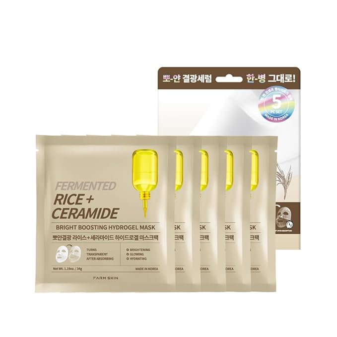 FARMSKIN Fermented Rice + Ceramide Bright Boosting Hydrogel Mask Set - Refreshing & Hydrating Facial Masks for All Skin Types - Daily Korean Skin Care for Uneven Skin Tone & Impurities (5EA, 1.19 oz)