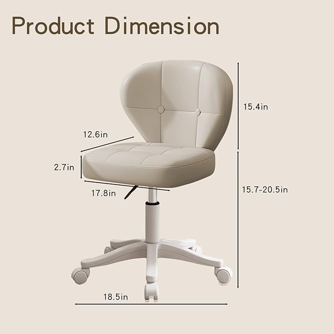 Vanity Chair with Back – Small Armless Office Chair with Wheels, Lumbar Support, PU Leather, Adjustable Height, 360° Swivel for Home, Bedroom, Office White Set of 2