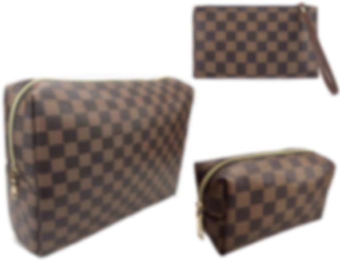 bopomofo Brown Checkered Cosmetic Bag 3 Pack,1 Big Pouch,1 Makeup Brushes Holder, 1 Coin Purse,Portable Travel Makeup Bag Set Lightweight and Waterproof Storage Bag Organizer (Brown Checkered 3 Pcs)