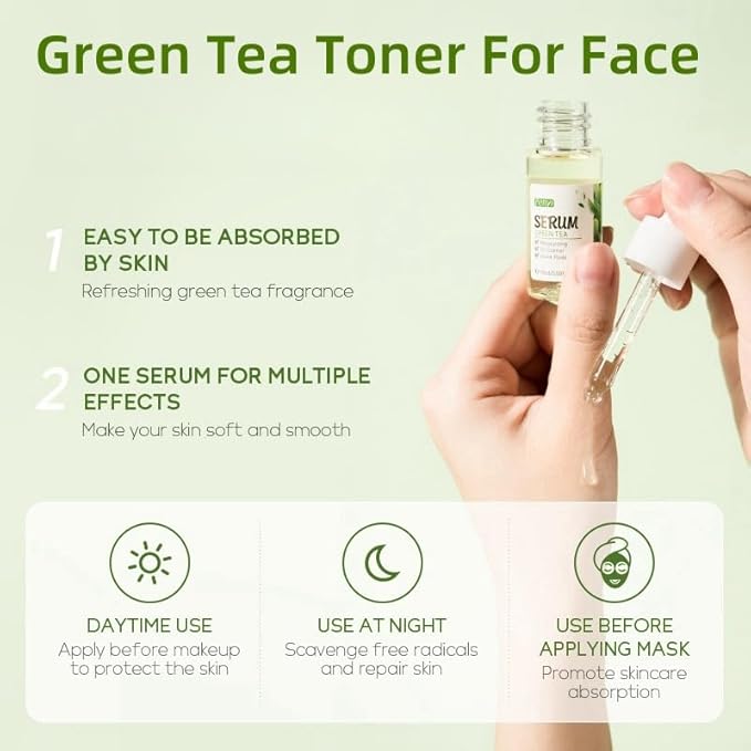 Natural Green Tea Facial Toner & Serum - Anti-Aging, Anti-Wrinkle, Moisturizing & Soothing for Dry Skin - Balances Oil, Reduces Acne, Refines Pores (Travel Size) (1)