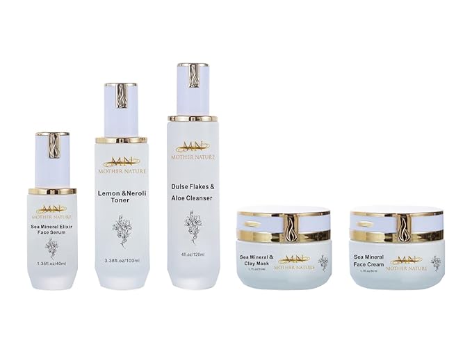 MN Mother Nature Sea Mineral 5-Piece Skincare Set – Dulse Aloe Cleanser, Lemon Neroli Toner, Elixir Serum, Clay Mask & Face Cream – Seaweed & Wakame for Renewed, Hydrated, and Brightened Skin