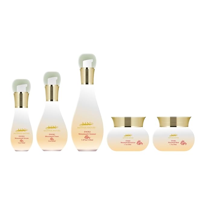 MN Mother Nature Enoki Menomush 5-Piece Skincare Set – Cleanser, Toner, Serum, Mask & Moisturizer – Mushroom Antioxidant Complex for Glowing, Radiant Skin – Anti-Aging & Hydrating Daily Routine