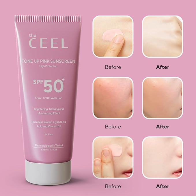 The Ceel Pink Tone Up Sunscreen for Face with SPF 50+ & Hyaluronic Acid - Brightening, Glowing & Moisturizing Facial Primer with Calamine & Vitamin B5 for All Skin Type - Paraben & Perfume Free - 50ml