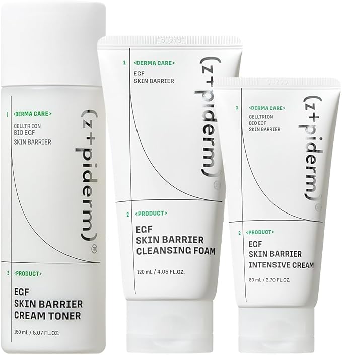Zipiderm EGF Skin Barrier Deep Hydration Routine Set – Deep Cleansing Foam + Cream Toner + Intensive Cream Moisturizer, Korean 3-Step Cleanse–Tone–Moisturize Duo for Sensitive, Dry & Irritated Skin