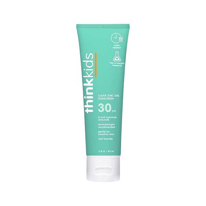 Thinkkids SPF 30 Mineral Sunscreen, Clear Zinc Oxide, 3 fl oz – Natural, Water Resistant, Kids & Toddler Sun Protection, Reef Safe