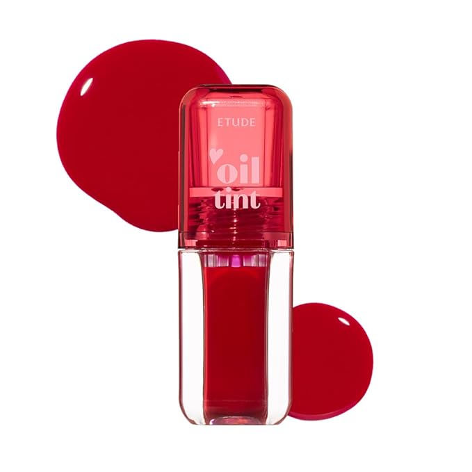 ETUDE Dear Darling Oil Tint #1 Real Cherry (0.14 fl.oz) | High Moisturizing and Strong Hydrating Lip Oil/Lip Gloss | Smooth and Moist Lips | Non-Sticky Lip Oil Tint For Dry Lips | K-beauty