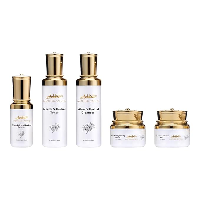 MN Mother Nature Herbal 5-Piece Skincare Set – Aloe Cleanser, Neroli Toner, Rhassoul Mask & Hydrating Cream – Organic Formula for Smooth, Healthy-Looking Skin – Daily Moisture & Vitality Routine
