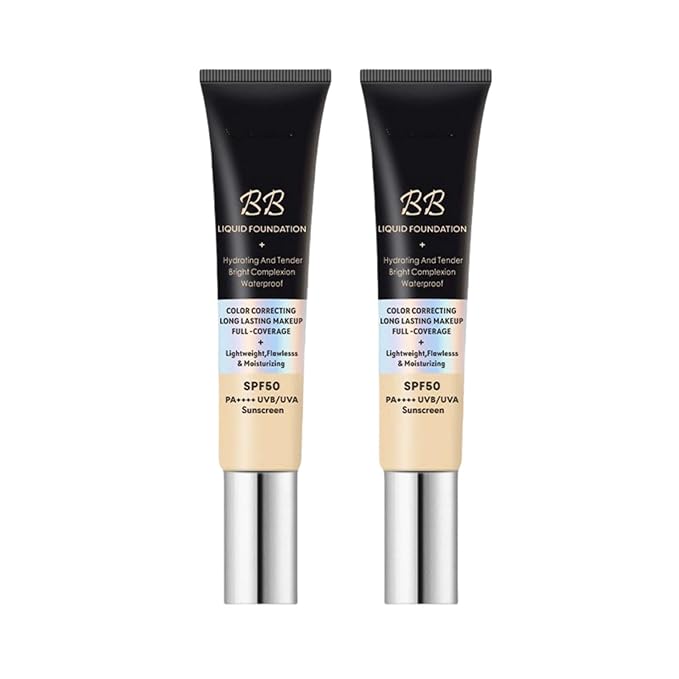2 Pcs BB Cream Foundation - Natural Coverage, Waterproof Long Lasting, Hide Pores Fine Line, Travel-Friendly Tubes, Lightweight Hydrating BB Cream for All Skin Types (Ivory + Natural)