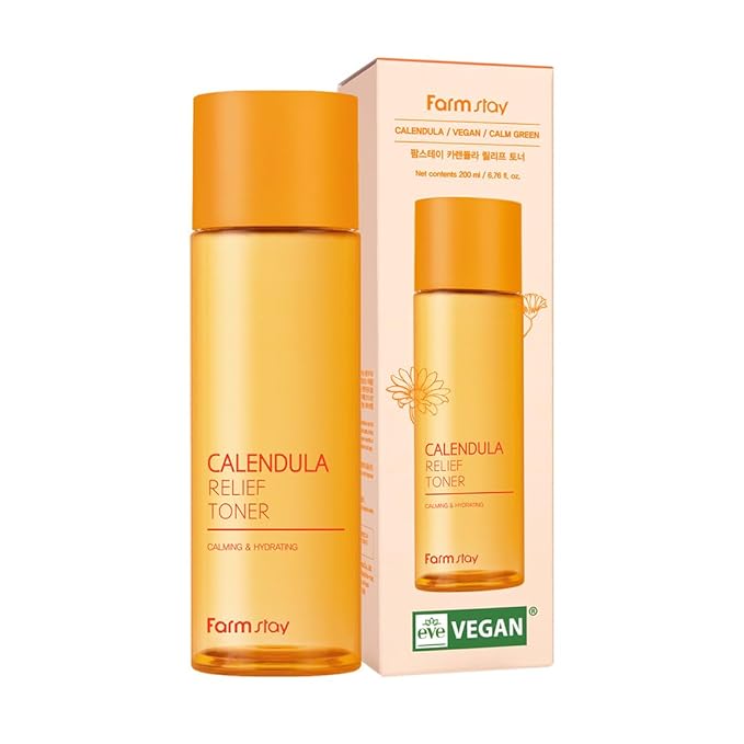 FARMSTAY Calendula Relief Toner | Quick Calming Sensitive Non-Sticky Non-Irritating Hydrating Moisturizing Korean Vegan Soothing All Skin Type 6.76 fl oz