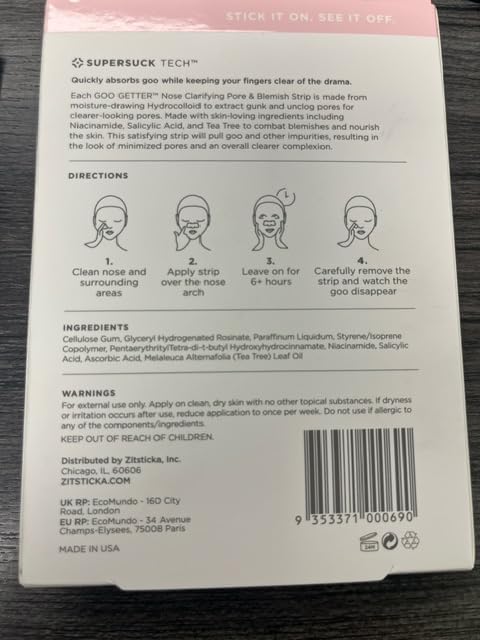 ZitSticka Blackhead Remover Strips, Goo Getter Hydrocolloid Patches for Pore Clarifying and Blemishes, Acne Patches or Zit Spot Stickers, Body Blemish Patch (Nose Strip 8 Pack)