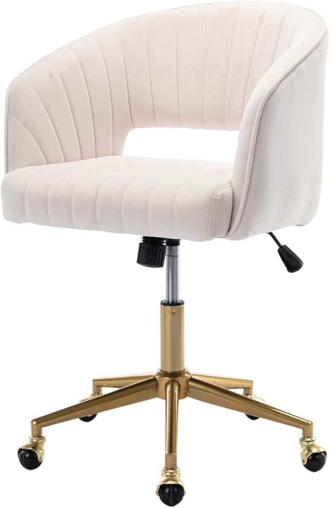 Nrizc Velvet Office Desk Chair, Upholstered Home Office Desk Chairs with Adjustable Swivel Wheels, Ergonomic Office Chair for Living Room, Bedroom, Office, Vanity Study (Beige)