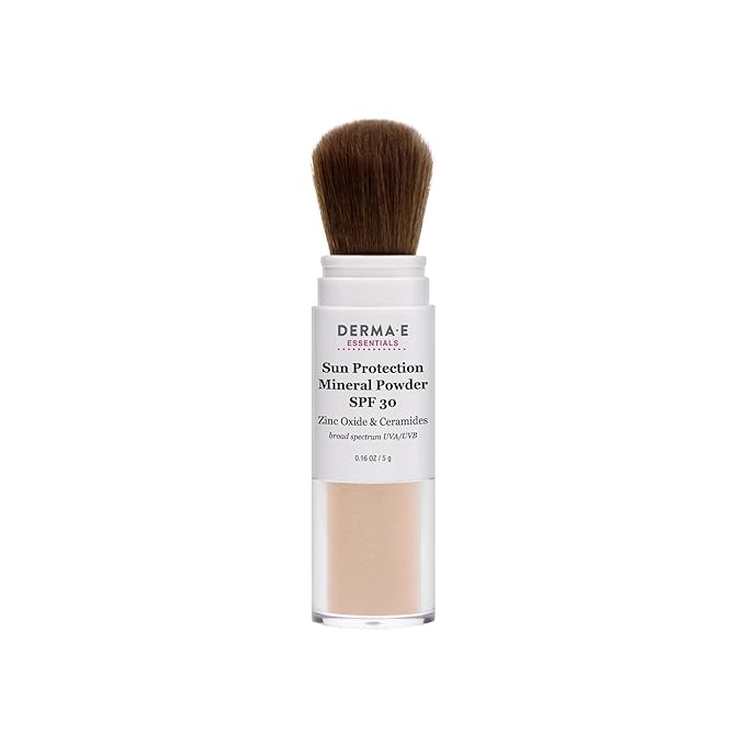 DERMA E Mineral Sunscreen for Face, SPF 30 Brush On Sun Protection Mineral Powder Sunscreen, 0.16 Oz, Mattifying Zinc Oxide & Ceramides, Sets Makeup, Controls Oil, Translucent Finish, All Skin Tones