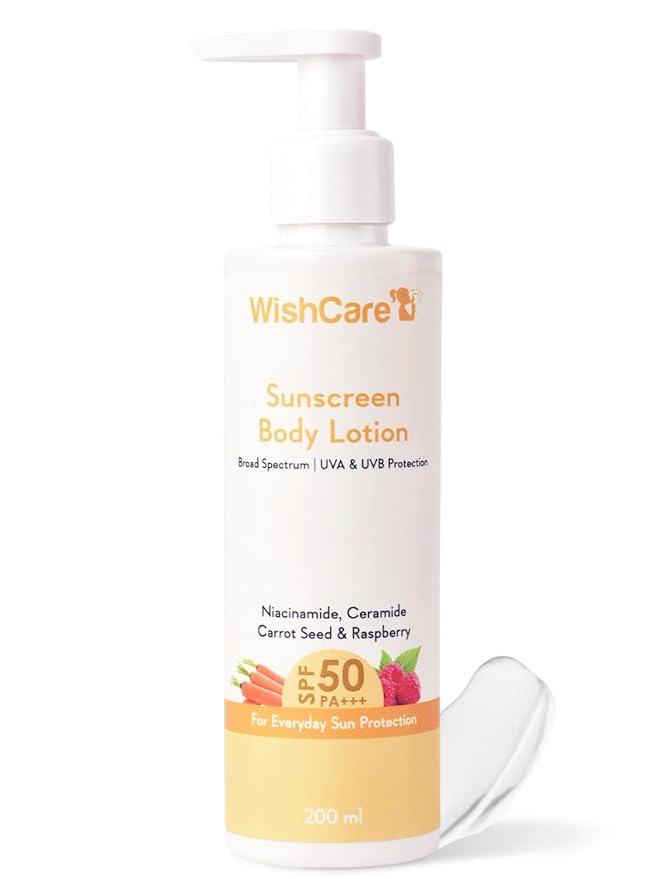 WishCare Sunscreen Body Lotion with SPF 50 PA+++ - Broad Spectrum UVA & UVB Protection, No White Cast, Enriched with Carrot Seed & Raspberry - Body Sunscreen Lotion 200ml (Indian Version)
