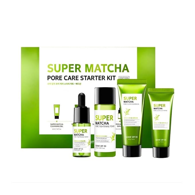 SOME BY MI Super Matcha Pore Care Starter Kit/Toner 1.01Oz, Serum 0.33Oz, Cleansing Gel 1.42Oz, Clay Mask 1.48Oz / Sebum, Anti-wrinkle and Trouble Care/Facial Skin Care Set