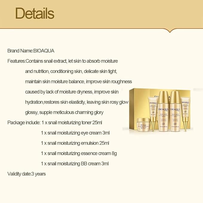 BIOAQUA Snail Mucus Skin Moisturizing Eye Toner Essence BB Cream 5pcs Set Gift Box