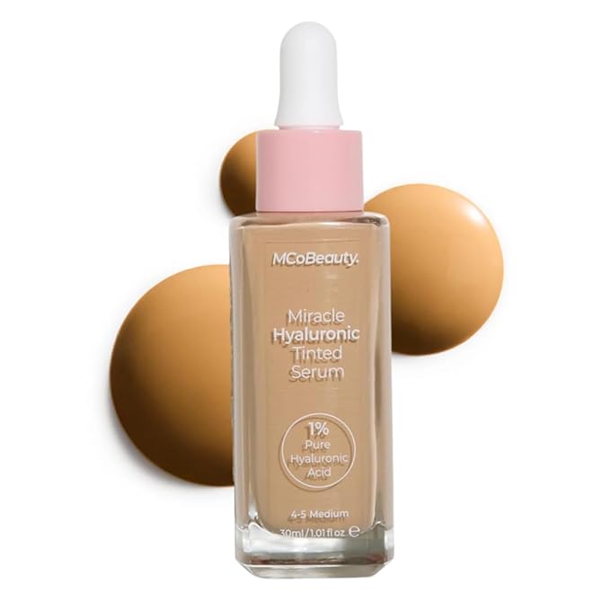 MCoBeauty Miracle Hyaluronic Tinted Serum 4-5 Medium - Hydrating Skin Tint Foundation with Hyaluronic Acid Ginseng - Buildable Sheer to Medium Coverage Dewy Finish - Vegan Cruelty Free Makeup