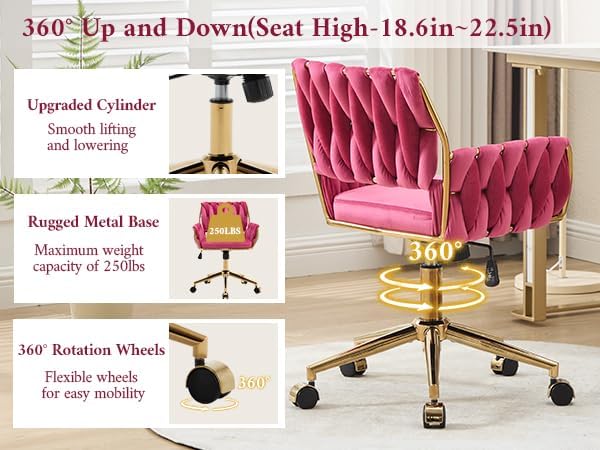 civama Velvet Office Desk Chair with Hand Woven Backrest, 360°Swivel & Height Adjustable Cute Girls Vanity Vlog Chairs, Nail Salon Bedroom Dressing Room Armchair with Gold Base and Wheels (Hot Pink)