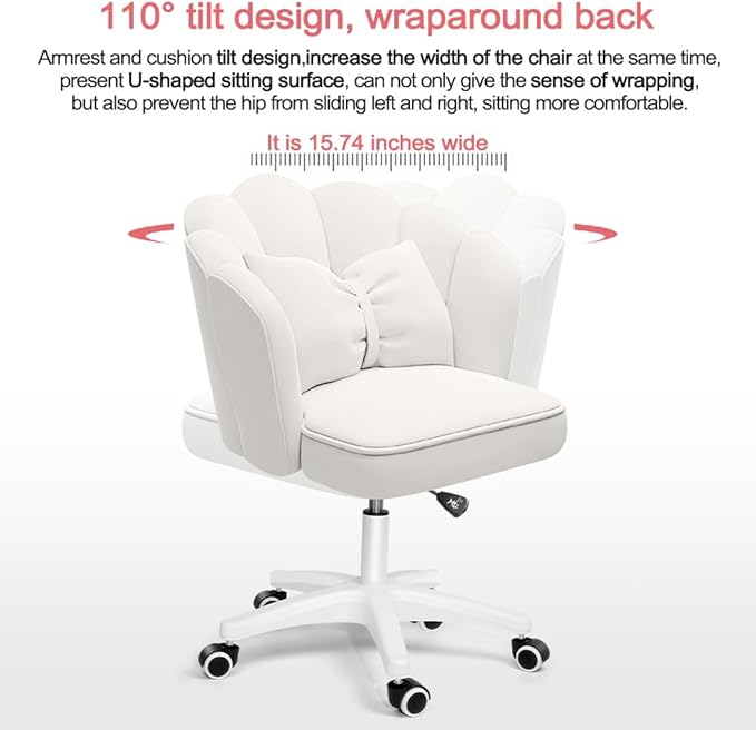 Petal Desk Chair with Bow Cushion Velvet Vanity Chair with Wheels, Upholstered Home Office Chair for Girls Women, Mid-Back Swivel Computer Task Chairs for Living Room Bedroom