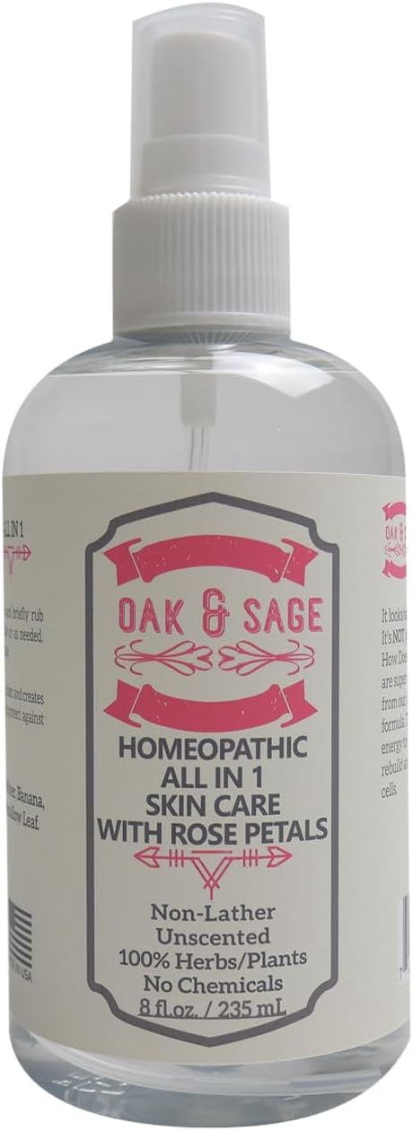 OAK & SAGE Homeopathic All in 1 Skin Care with Rose Petals - NonLather - Unscented - 8oz - 100% Herbs/Plants, No Alcohol, No Chemicals - for All Skin Types