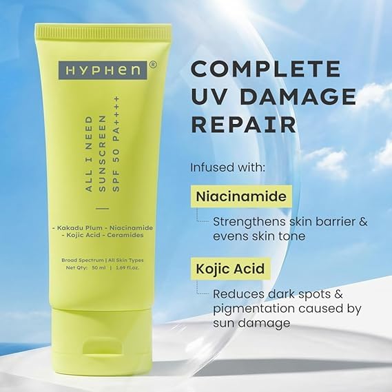 HY-phen SPF 50 PA++++ Mineral Sunscreen | Lightweight, No White Cast | UVA, UVB & Blue Light Protection | Hydrates, Antioxidant-rich with Niacinamide & Ceramides | For All Skin Types | 50ml