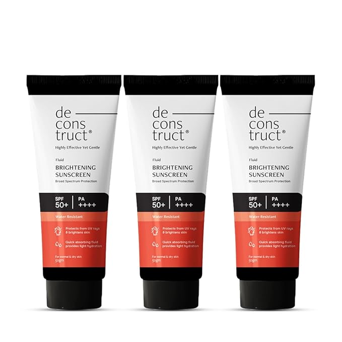 Deconstruct Dry Skin Brightening Fluid Sunscreen SPF 50+ with Niacinamide | Lightweight, Hydrating & Dewy | UVA/UVB Protection | 8-Hour Wear, Water-Resistant, No White Cast | 50g | Pack of 3