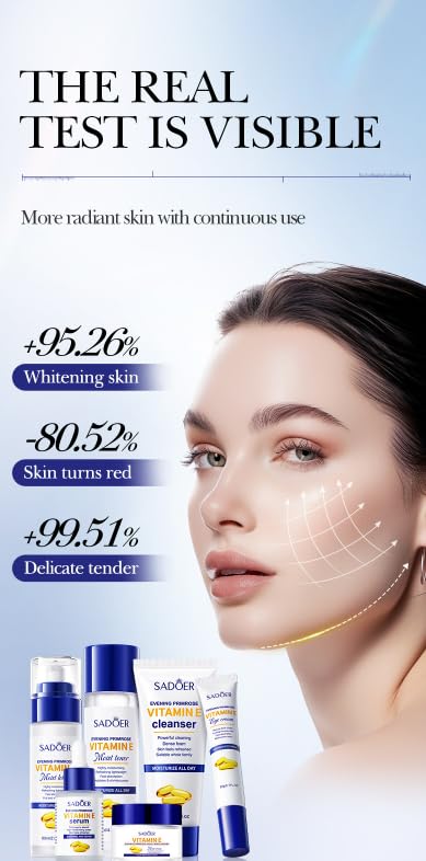 6-Piece Evening Primrose & Vitamin E Skincare Set | Hydrating Anti-Aging Routine for Dry/Sensitive Skin | Cleanser, Toner, Lotion, Serum, Cream, Eye Cream