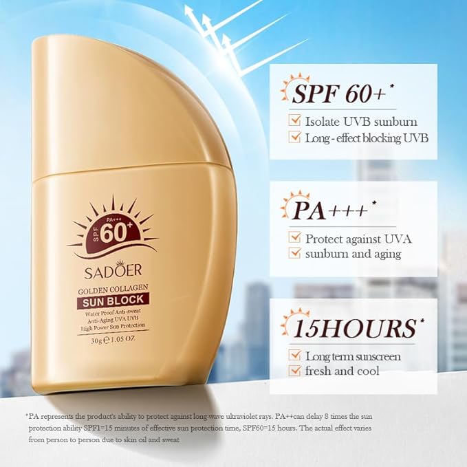 5-in-1 Broad Spectrum Sunscreen SPF50+ PA++++, Lightweight Watery Essence, Strong UVA/UVB Protection, Water Resistant, Non-Greasy & Gentle for Face and Body (Golden collagen)