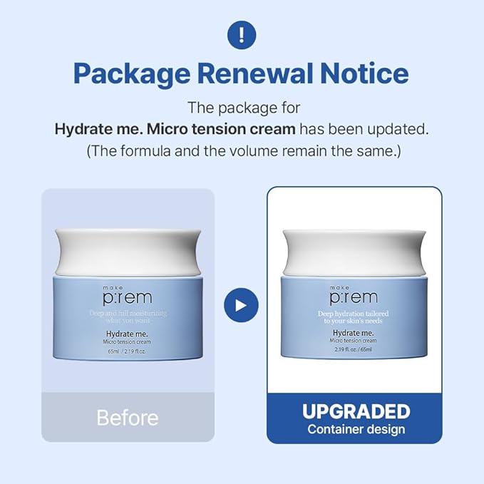 MAKE P:REM Hydrate Me. Micro Tension Cream, Moisturizing Watery Gel Type, Non-Sticky Finish Hydrating Facial Cream for Dry, Sensitive, Oily, Acne-prone Skin, Korean Skin Care, 2.19 fl. oz. (65ml)