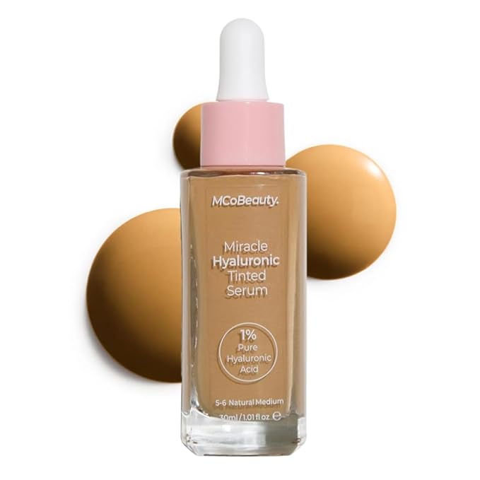MCoBeauty Miracle Hyaluronic Tinted Serum 5-6 Medium Tan - Hydrating Skin Tint Foundation with Hyaluronic Acid Ginseng - Buildable Sheer to Medium Coverage Dewy Finish - Vegan Cruelty Free Makeup