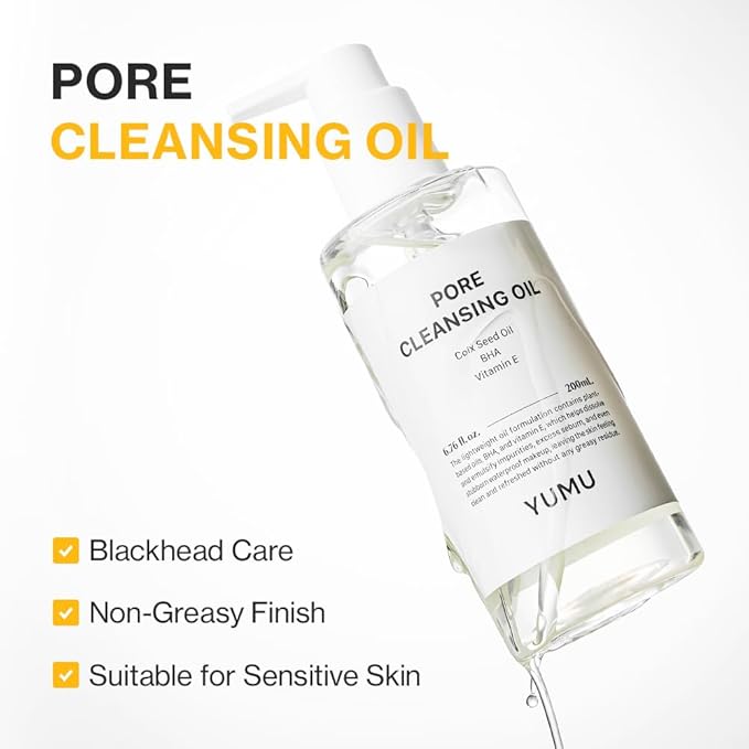 YUMU Coix Seed Deep Pore Cleansing Oil, Vitamin E, BHA, Double Cleansing, Waterproof Makeup Remover, Gentle Oil Cleanser, Blackhead Remover, No Oily Residue, Korean Skin Care (200ml/6.76 fl.oz.)
