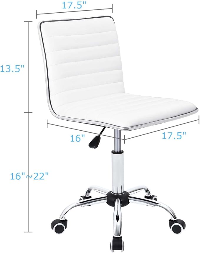 Furmax Vanity Office Desk Chair with Wheels, Armless Small Cute Leather Makeup Computer Task Chair Adjustable Height 360° Swivel (White)