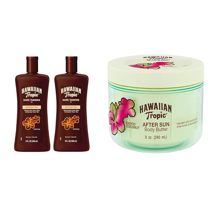 Hawaiian Tropic Dark Tanning Oil Twin Pack, 8oz Each After Sun Body Butter with Coconut Oil, 8oz