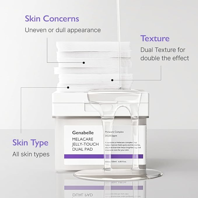 Genabelle Melacare Jelly Touch Dual Pad – Radiance-Boosting & Hydrating Toner Pads with Niacinamide & Tranexamic Acid – Targets Dark Spots and Hyperpigmentation – 4.05 fl oz