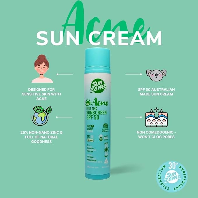 Sun Zapper Acne Pure Zinc Face Sunscreen SPF 50, Non-Comedogenic Organic Mineral Sunscreen with Tea Tree Oil for Acne-Prone and Oily Skin, 25% Non-Nano Zinc Oxide, Reef Safe, 100g (3.5 oz)
