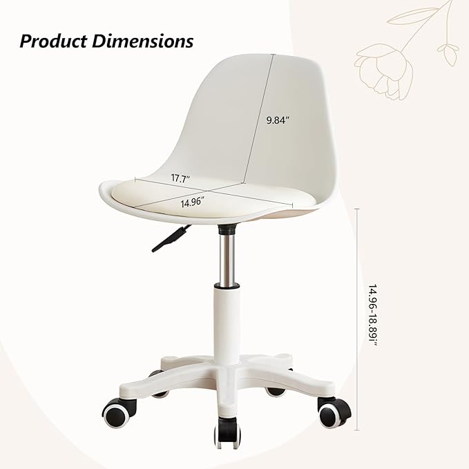 Small Desk Chair Cute Armless Task Vanity Chair with Soft Padded Cushion, Plastic Height Adjustable Home Office Chairs for Teens Girls,White Set of 1