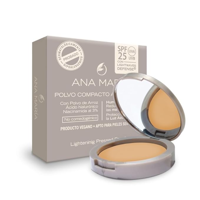 Ana Maria Lightening Pressed Powder, SPF 25, Vegan, Hypoallergenic, with Rice Powder and 3% Niacinamide, for Sensitive Skin (Canela - Cinnamon)