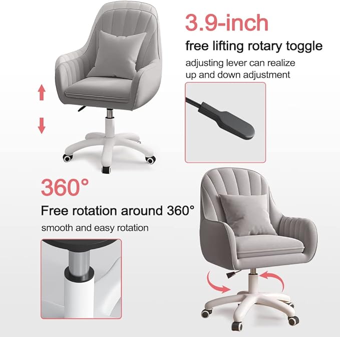 Velvet Desk Chair with Pillow Upholstered Vanity Chair for Girls Women, Home Office Computer Task Chair with Wheels Swivel Rolling Accent Chair for Living Room, Bedroom