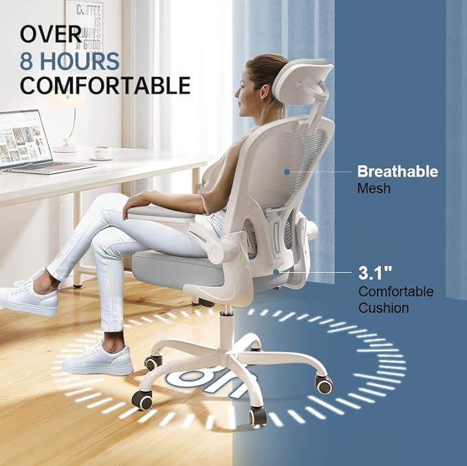 Synorla Office Chair Ergonomic Desk Chair, 330LBS Capacity, High Back Computer Design for Long Hours Comfort, Rolling Swivel for Home Office, Flip-up Armrests, White+Grey