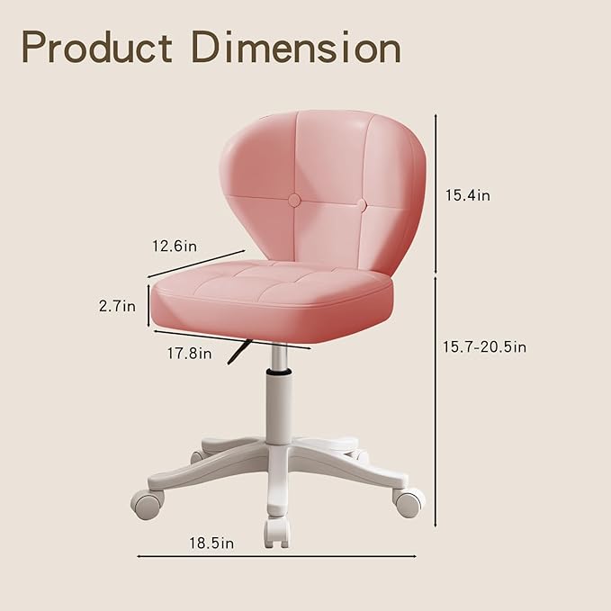 Vanity Chair with Back – Small Armless Office Chair with Wheels, Lumbar Support, PU Leather, Adjustable Height, 360° Swivel for Home, Bedroom, Office Pink Set of 2